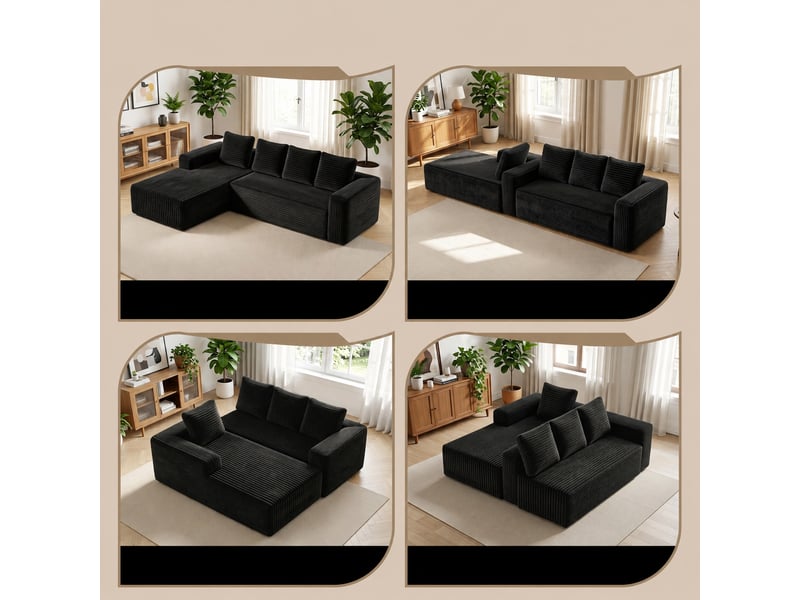  Canapé d’angle modulable 4 places sans montage en velours côtelé, noir  - Conforama D
