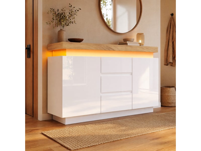  Buffet bas 140x39x81 cm avec 2 portes et 3 tiroirs, éclairage led, panneau de particules mdf blanc  - Conforama B