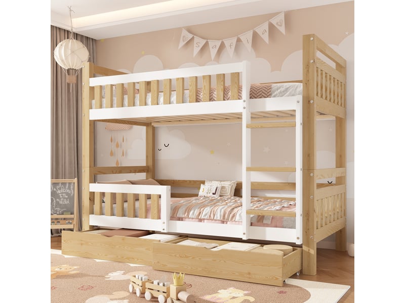 Lit superposé enfant 90x200 cm séparable en 2 lits, blanc et naturel - Conforama E