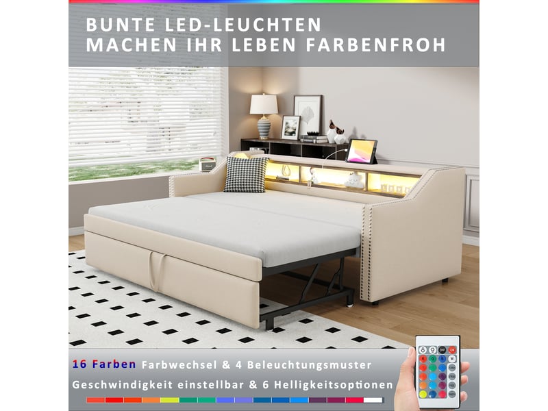  Lit gigogne beige 90x180 cm avec led et usb, sommier et coffre – rangement pratique  - Conforama E