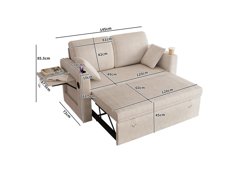  Canapé convertible 2 places avec dossier réglable, porte-gobelets et usb en velours côtelé blanc 145 × 72 × 85,5 cm  - Conforama C