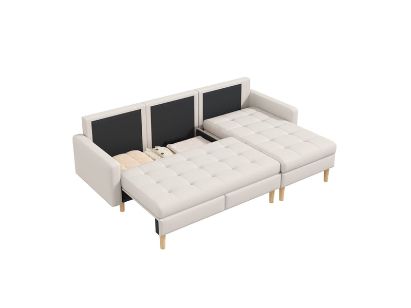 Canapé d'angle avec coffre de rangement, canapé en l 3 places en tissu beige, méridienne réversible pour petit salon, 212x130x86cm - Conforama A