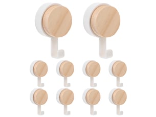 Lot de 10 crochets adhésifs en bois à tête ronde - muraux autocollants pour suspendre manteaux, sacs, parapluies, blanc
