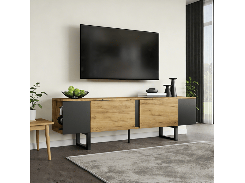  Banc tv 180x40x55 cm – bois naturel et noir – rangement fermé et ouvert pour téléviseur jusqu'à 75 pouces  - Conforama D