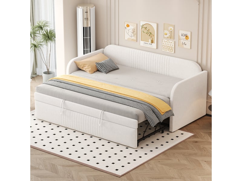  Lit capitonné, lit enfant 90180x190 cm, canapé-lit extensible, sommier à lattes, sans matelas, lin beige  - Conforama C
