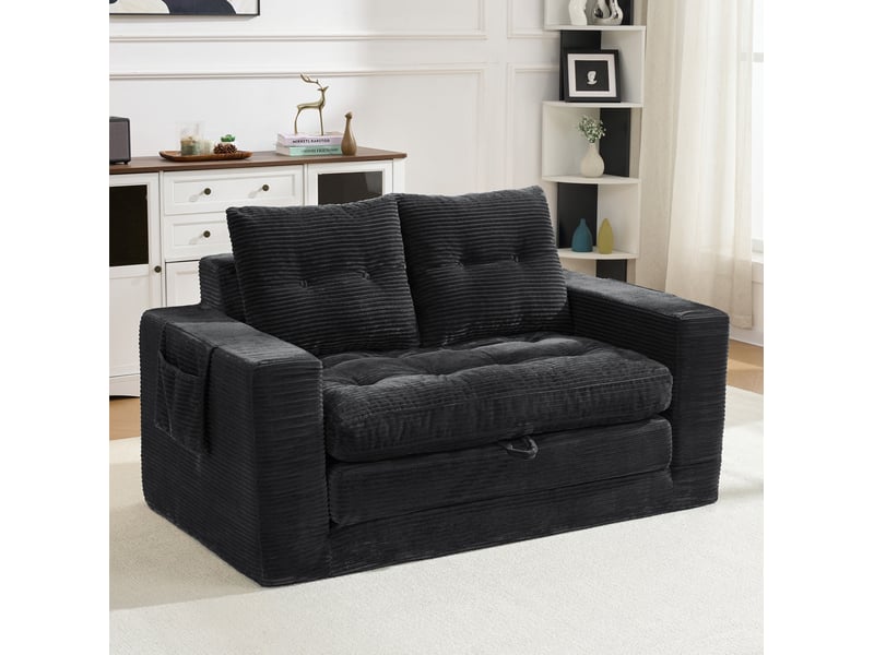  Canapé convertible 2 places 140x85x67 cm noir en velours côtelé, poches latérales et porte-gobelet  - Conforama B
