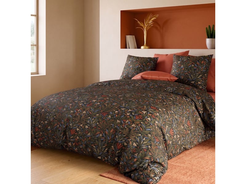  Parure housse de couette 240x220cm + 2 taies motif feuillage vert foncé 100% coton - bolivia BOLIVIA - Conforama B