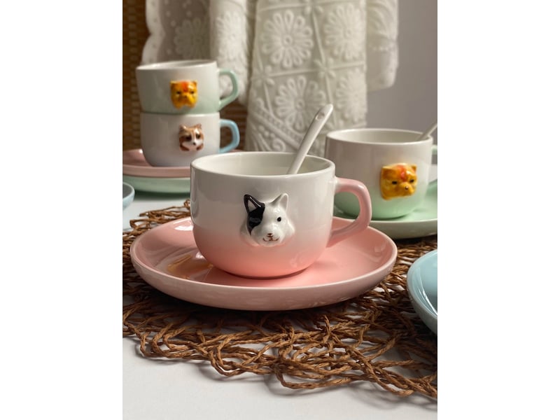 Ensemble tasse, soucoupe et cuillère, bull-terrier rose, céramique, 200 ml  - Conforama C