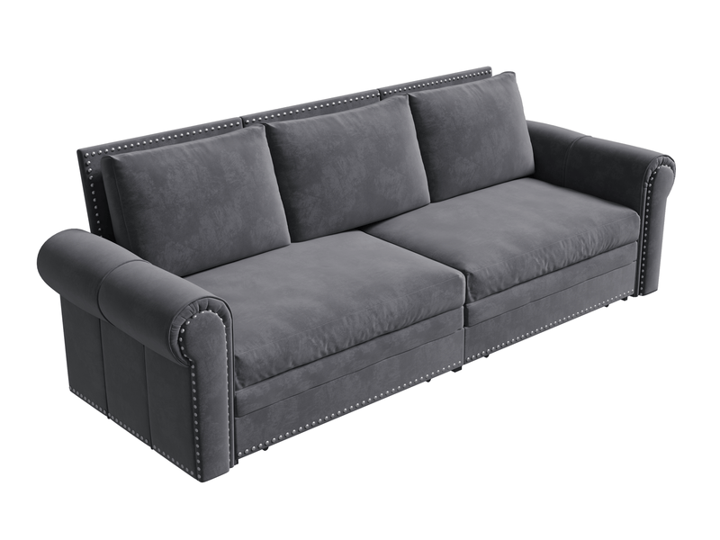  Canapé-lit 3 places 238x90x98 cm convertible 3-en-1, coussin de dossier réglable, en mousse et velours couleur gris  - Conforama A