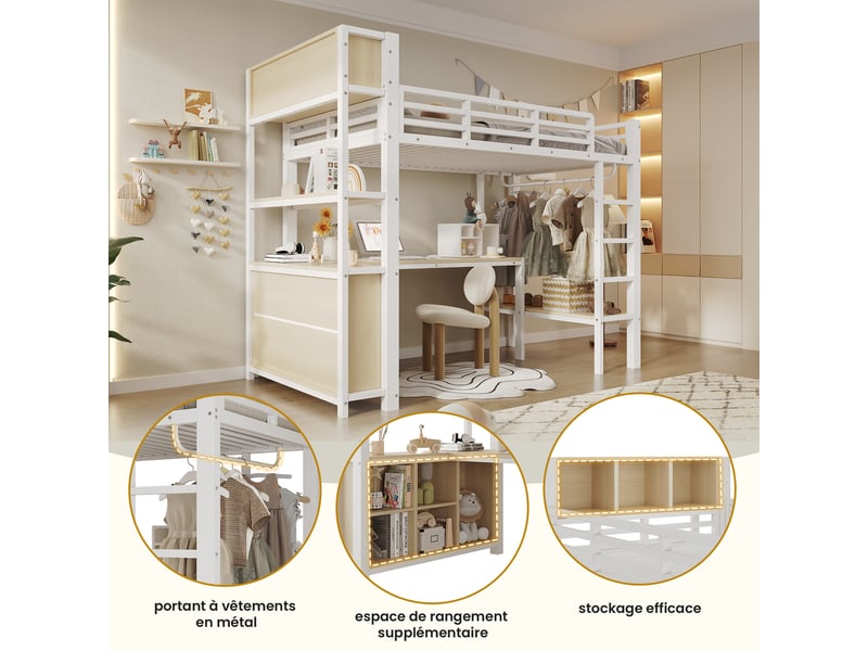  Lit mezzanine enfant 90x200 cm, bureau intégré, penderie, étagères et compartiments, barrière de sécurité, métal blanc Radiant Stride - Conforama E