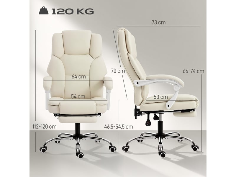  Chaise de bureau inclinable 155° avec repose-pieds - lpospi - pivotante réglable, simili cuir beige, 64 × 73 × 112-120 cm  - Conforama D