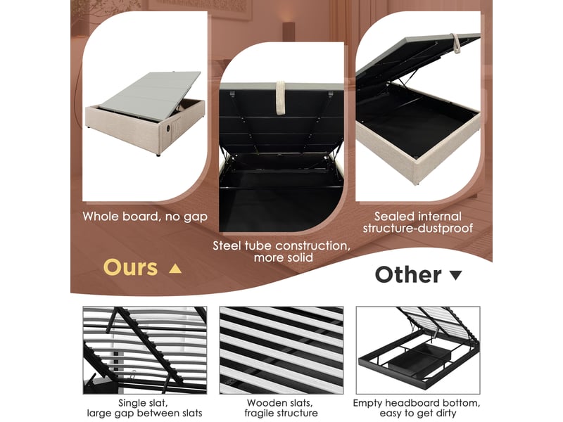  Lit coffre 160x200 cm rembourré, rangement hydraulique, usb-c intégré, revêtement lin naturel, sommier complet  - Conforama E