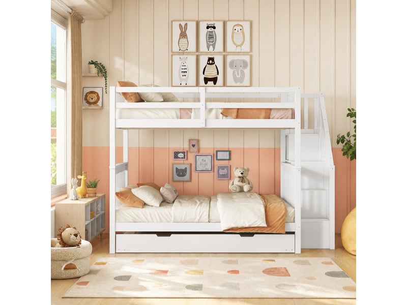 Lit superposé 140x200 cm avec lit gigogne et escalier à étagères, pin et mdf, blanc - Conforama D