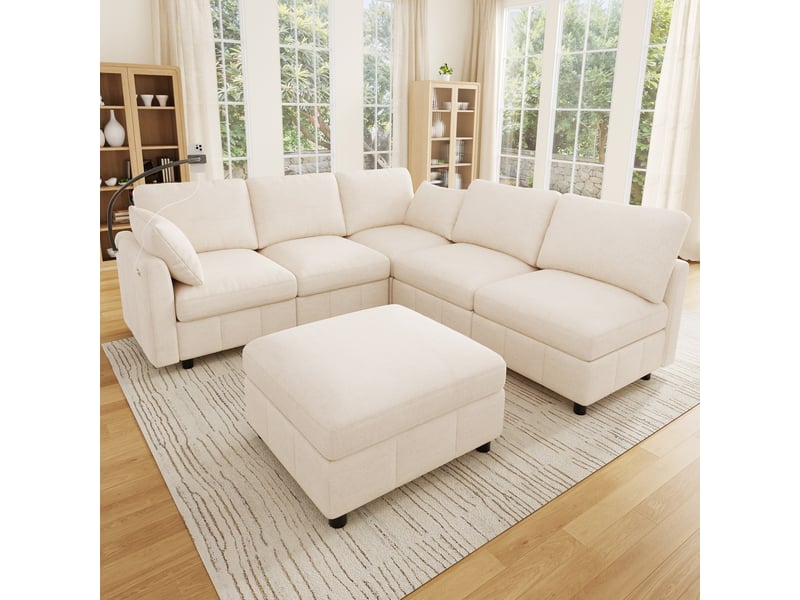  Canapé d’angle modulable 6 places 218x157x85 cm en chenille beige  - Conforama W