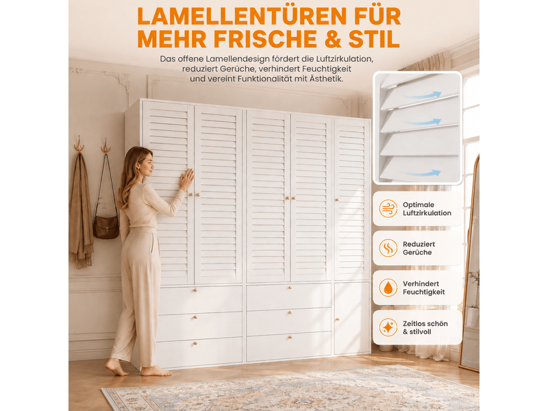  Armoire 5 portes blanche 225x50x200 cm avec 6 tiroirs et 3 barres de penderie - portes persiennes élégantes  - Conforama D