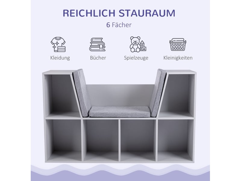  Bibliothèque enfant avec banc de rangement 103 x 30 x 62 cm grise en mdf, 6 compartiments et 3 coussins  - Conforama B