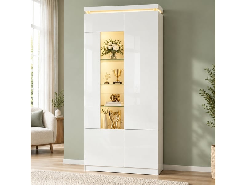 Vitrine haute avec 4 portes, 6 étagères et éclairage led bluetooth pour salon, salle à manger et chambre, en mdf blanc - Conforama D