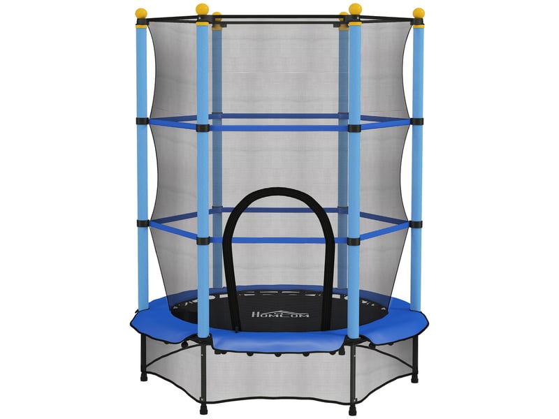  Trampoline enfant ø 1,40 × 1,90h m filet de sécurité porte zipée couvre-ressorts 6 poteaux rembourrés inclus bleu  - Conforama A