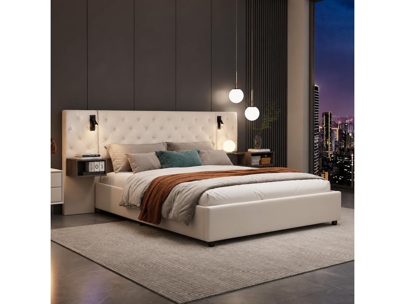  Lit rembourré 160 x 200 cm,lit enfant avec tête de lit de rangement, ports usb et type c,lit hydraulique avec éclairage led,velours, sans matelas  - Conforama B