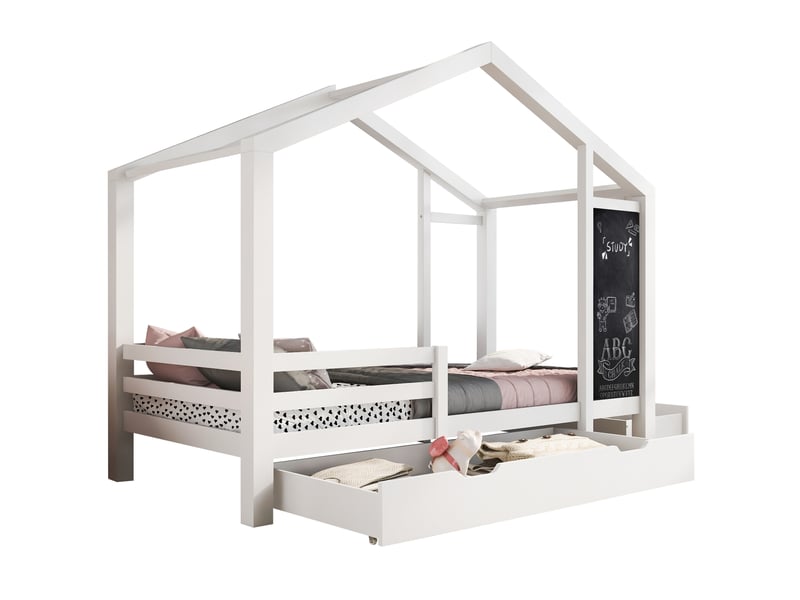 Lit cabane enfant 90x200 cm - lit en bois avec tableau et grands tiroirs de rangement - sans matelas - blanc  - Conforama A