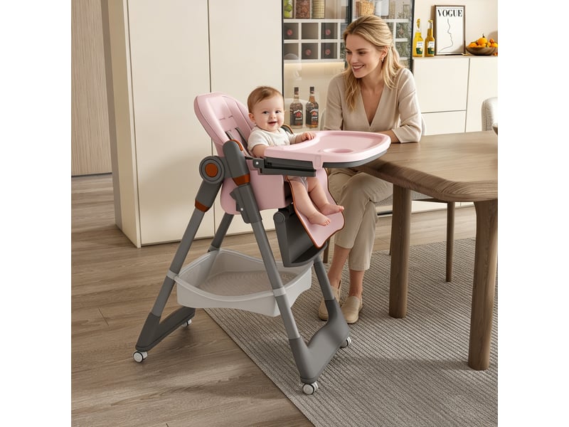  Chaise haute bébé pliable avec plateau réglable, dossier inclinable, harnais 5 points et roulettes, polypropylène rose  - Conforama C