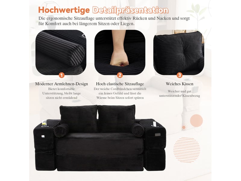  Canapé convertible 2 places 180x98x80 cm, coussin d'assise mémoire de forme, coussins décoratifs, velours côtelé, noir  - Conforama D
