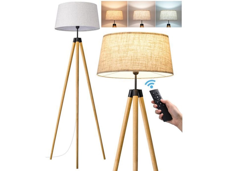 Lampadaire trépied bois massif abat-jour lin télécommande et pédale e27 dimmable 370618_AAAYF01649_6_DROPFR - Conforama A