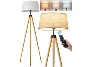 Lampadaire trépied bois massif abat-jour lin télécommande et pédale e27 dimmable