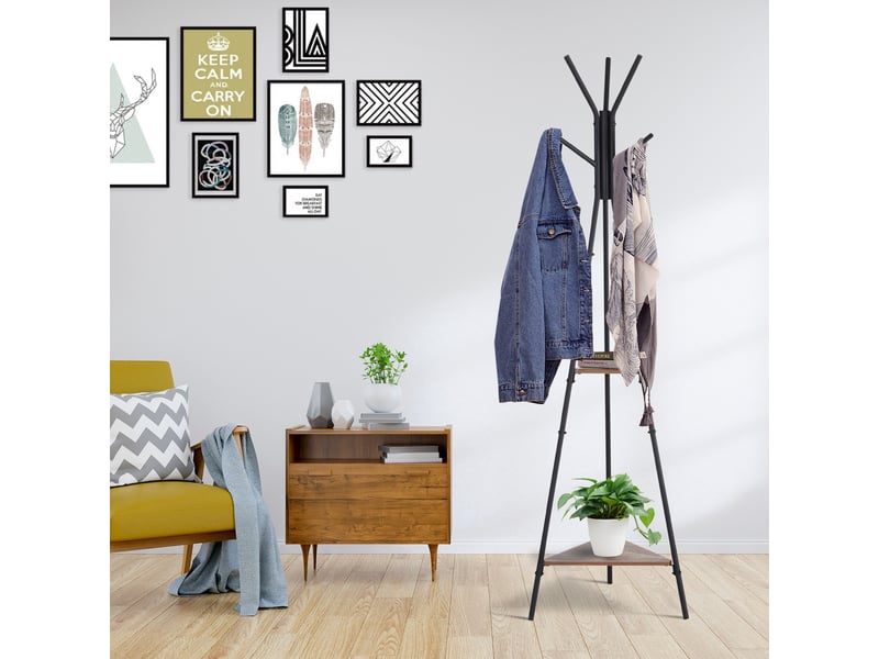  Porte-manteau trépied style industriel 2 étagères 6 patères 52x46x182 cm métal noir panneaux bois  - Conforama D