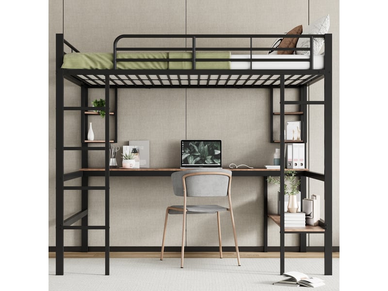 Lit mezzanine noir 140x200 cm avec bureau, 4 étagères et grande bibliothèque - Conforama B