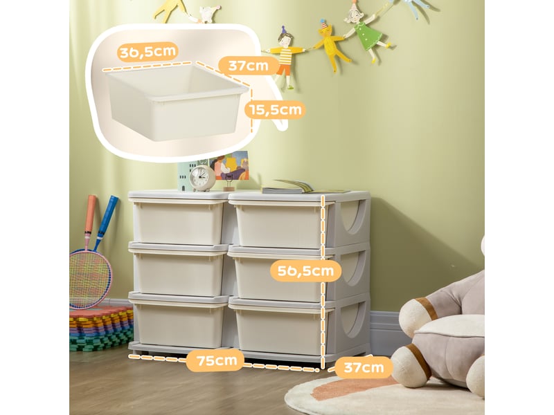  Organisateur de jouets pour enfants à 3 niveaux avec 6 tiroirs, 75x37x56,5cm, boîtes de rangement en plastique, crème  - Conforama C