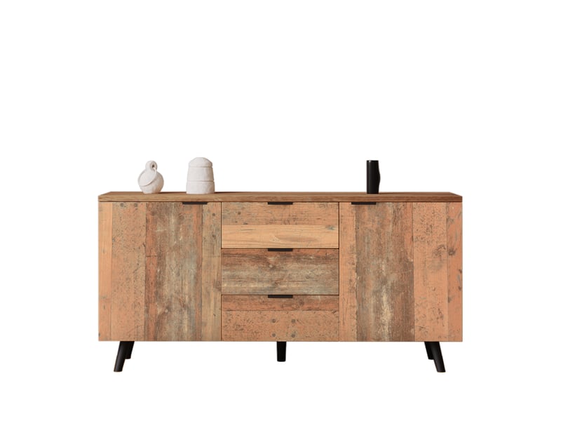 Meuble tv vintage marron bois vieilli avec 3 tiroirs et étagères réglables, 140 cm - Conforama A