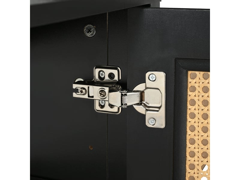  Buffet 4 portes en rotin synthétique avec étagères réglables et poignées métal pour salon en mdf noir  - Conforama D