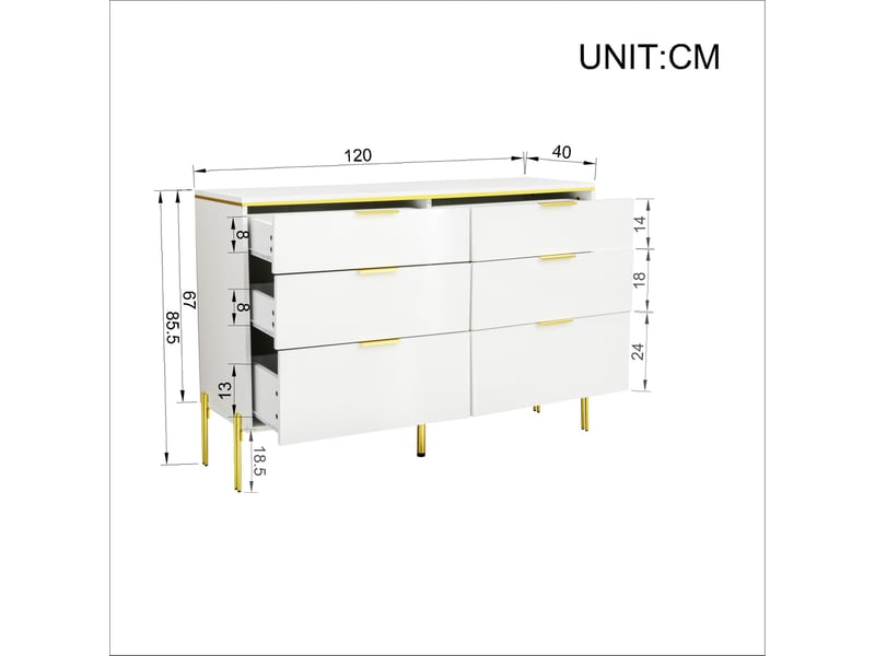  Buffet de rangement à 6 tiroirs façades brillantes - lpospi - pieds dorés, panneau de particules blanc 120 × 40 × 85,5 cm  - Conforama D