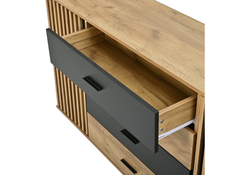  Buffet 140x35x70 cm chêne et noir, meuble de rangement 4 tiroirs 2 portes  - Conforama W