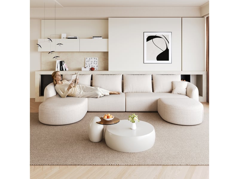  Canapé d'angle en u blanc 336 cm, canapé modulable mousse compressée sans armature, sans montage pour salon  - Conforama D