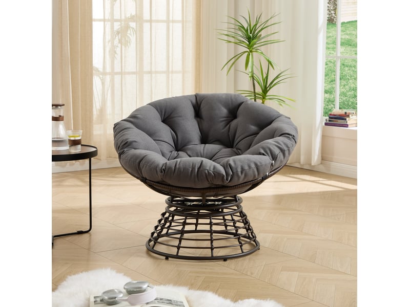  Fauteuil papasan pivotant ø92 cm – marron et gris – coussin épais, rotation silencieuse et fluide à 360°  - Conforama B