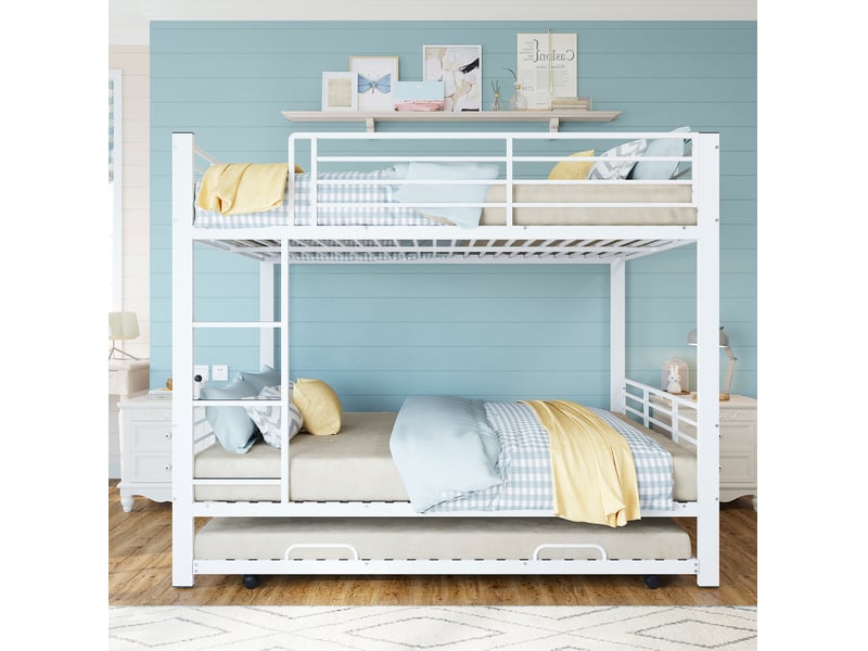  Lit superposé 140 × 200 cm trois places avec lit gigogne coulissant et barrière haute en métal blanc mat pour chambre  - Conforama E