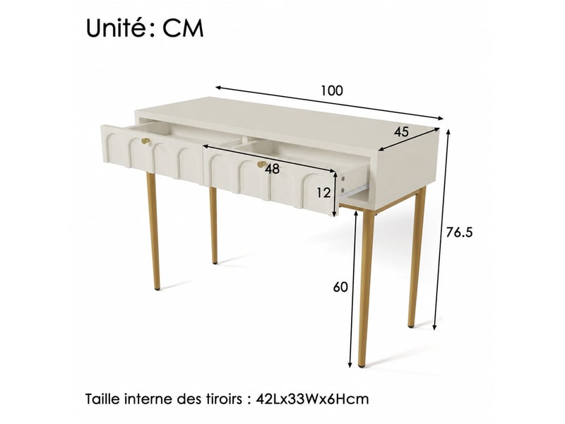 Coiffeuse blanc crème à 2 tiroirs, pieds en métal, 100 x 45 x 76,5 cm - Conforama C