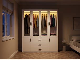 Armoire penderie chambre adulte 6 portes et 3 tiroirs - 160x52x182 cm - porte en verre - bandeau lumineux led - charnières amorties - style scandinave minimaliste - double tringle à vêtements pour petit appartement, armoire blanc mat