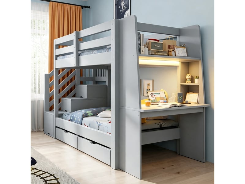 Lit superposé enfant 90 x 200 cm avec bureau et rangement, structure en bois gris, escalier et deux tiroirs - Conforama E