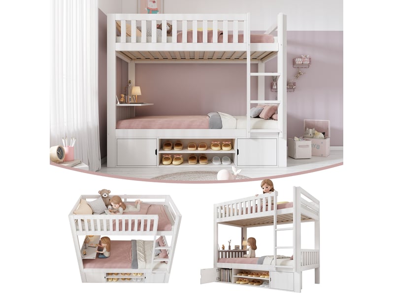  Lit superposé enfant 90x200 cm, lit 2 places, table rabattable, placards, range-chaussures, bois blanc, sans matelas  - Conforama E