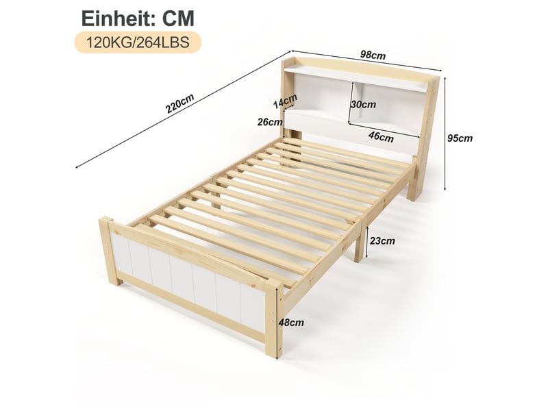 Lit simple 90x200 cm avec tête de lit de rangement, bois et mdf blanc - Conforama E