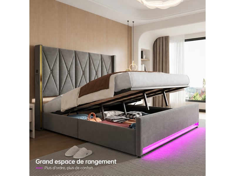  Lit coffre 180x200 en velours gris foncé, tête de lit haute capitonnée, ouverture hydraulique, usb, usb-c et led  - Conforama D