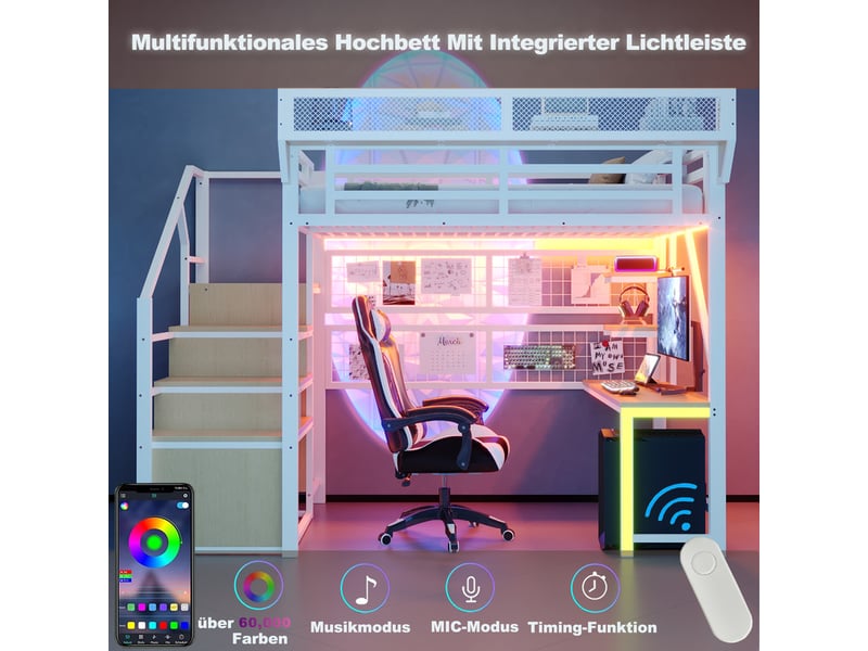 Lit mezzanine en métal 140 x 200 cm - avec bureau - avec échelle de sécurité - avec éclairage led - avec prise électrique - blanc (matelas non inclus)  - Conforama B