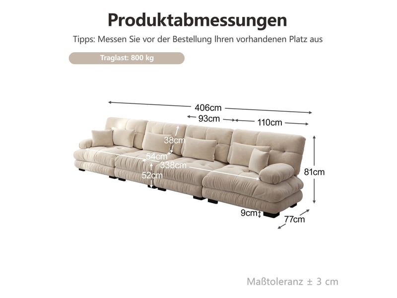  Canapé modulaire 4 places 406x77x81 cm, grande profondeur d’assise, revêtement chenille marron clair  - Conforama C