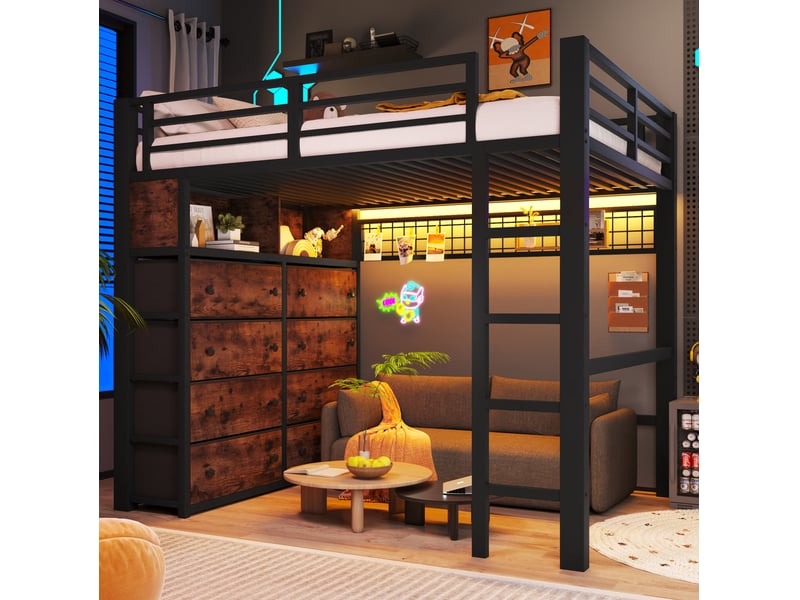  Lit mezzanine enfant 140x200 cm avec 8 tiroirs, led, étagères et panneau perforé noir  - Conforama D