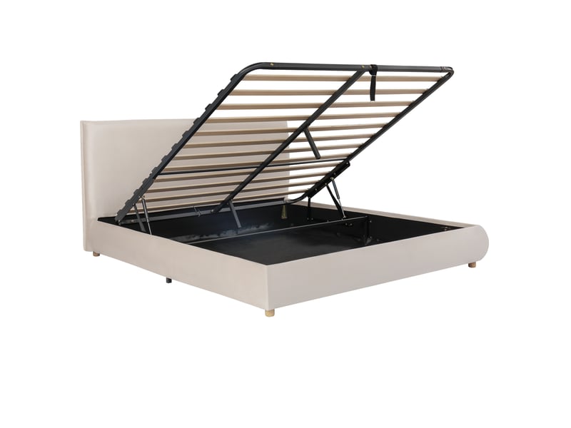 Lit tapissier 180x200 velours crème hydraulique, sommier à lattes intégré, tête tapissée, rangement, pieds bois massif - Conforama E