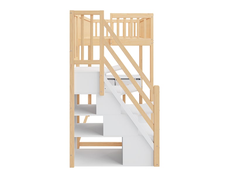  Lit mezzanine 90x200 avec bureau et escalier de rangement sécurisé, lit mezzanine blanc pour enfant en pin massif, 250x96x175cm.  - Conforama D