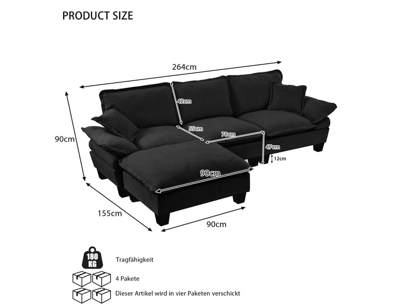 Canapé d'angle modulable l 264 x 155 x 90 cm 4 places, 2 coussins, pouf amovible, chenille noir - Conforama C